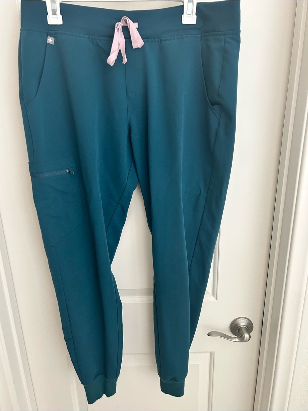 Figs Caribbean Blue Scrub Pants with Light Pink Drawstring